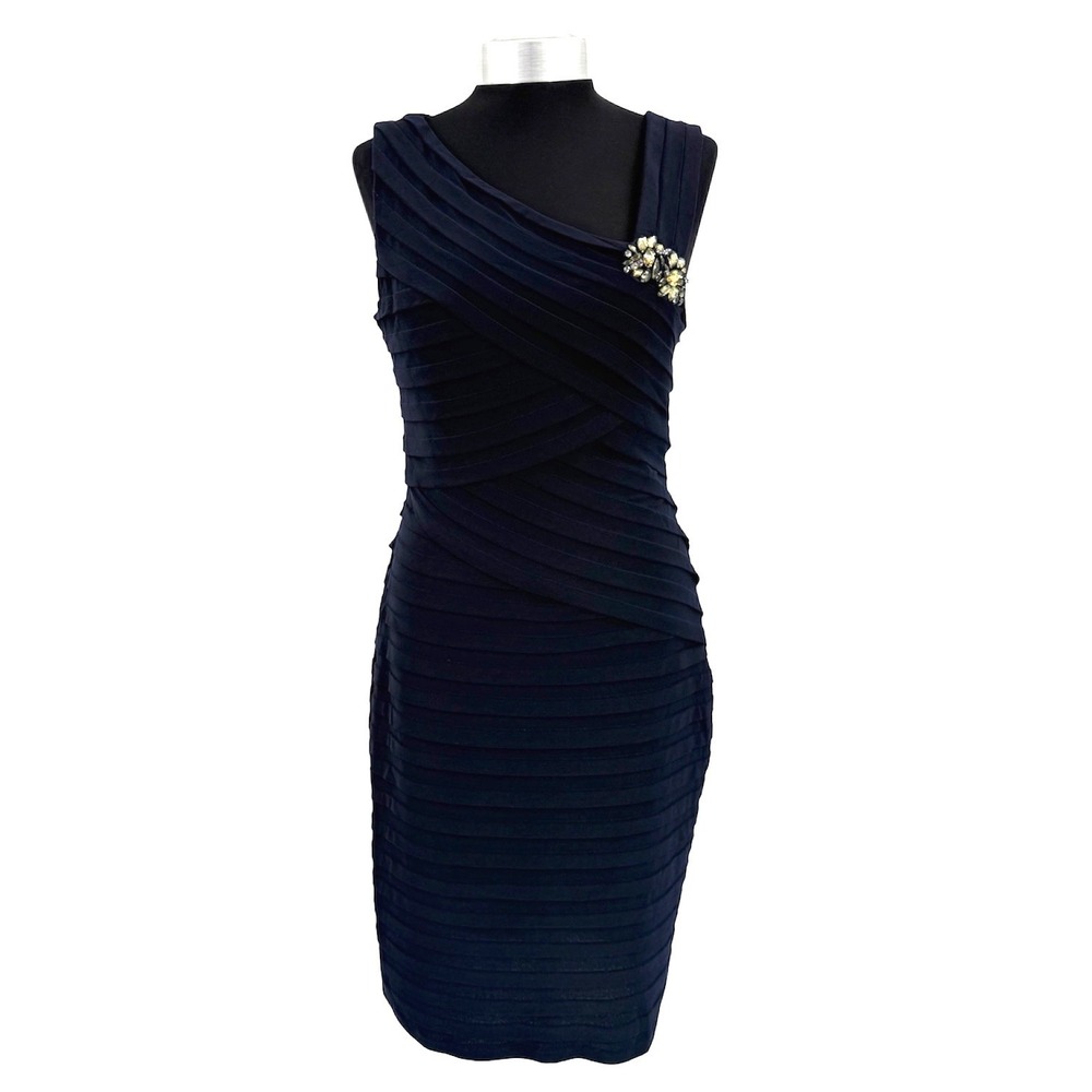 XSCAPE by Joanna Chen Navy Blue One Shoulder Brooch Bandage Dress Women Size 12